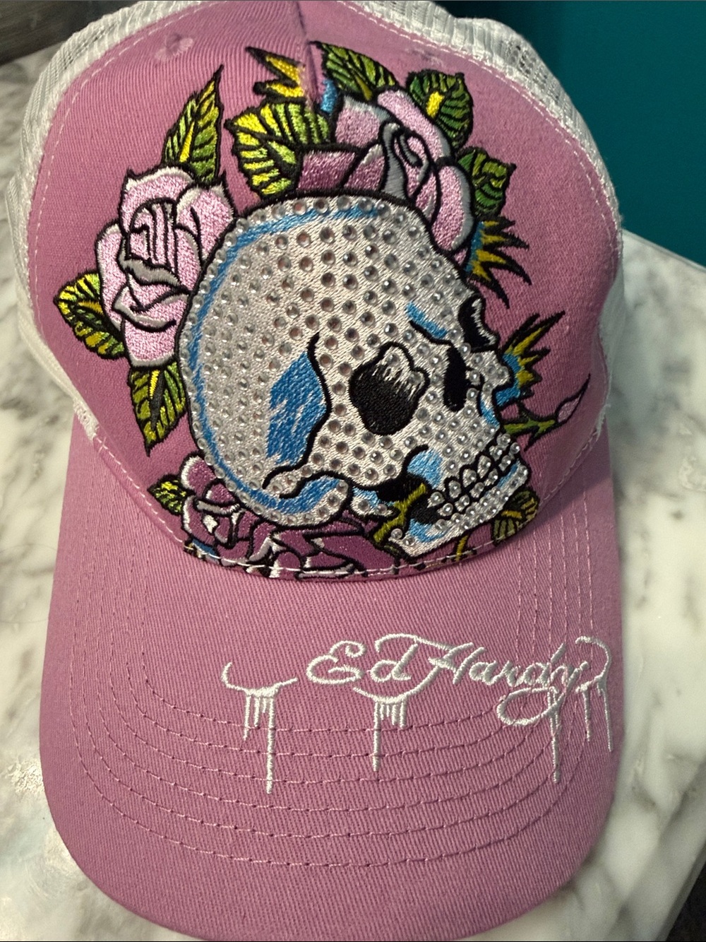 Ed Hardy Pink & White Jeweled Skull Trucker Hat - Picture 2 of 5